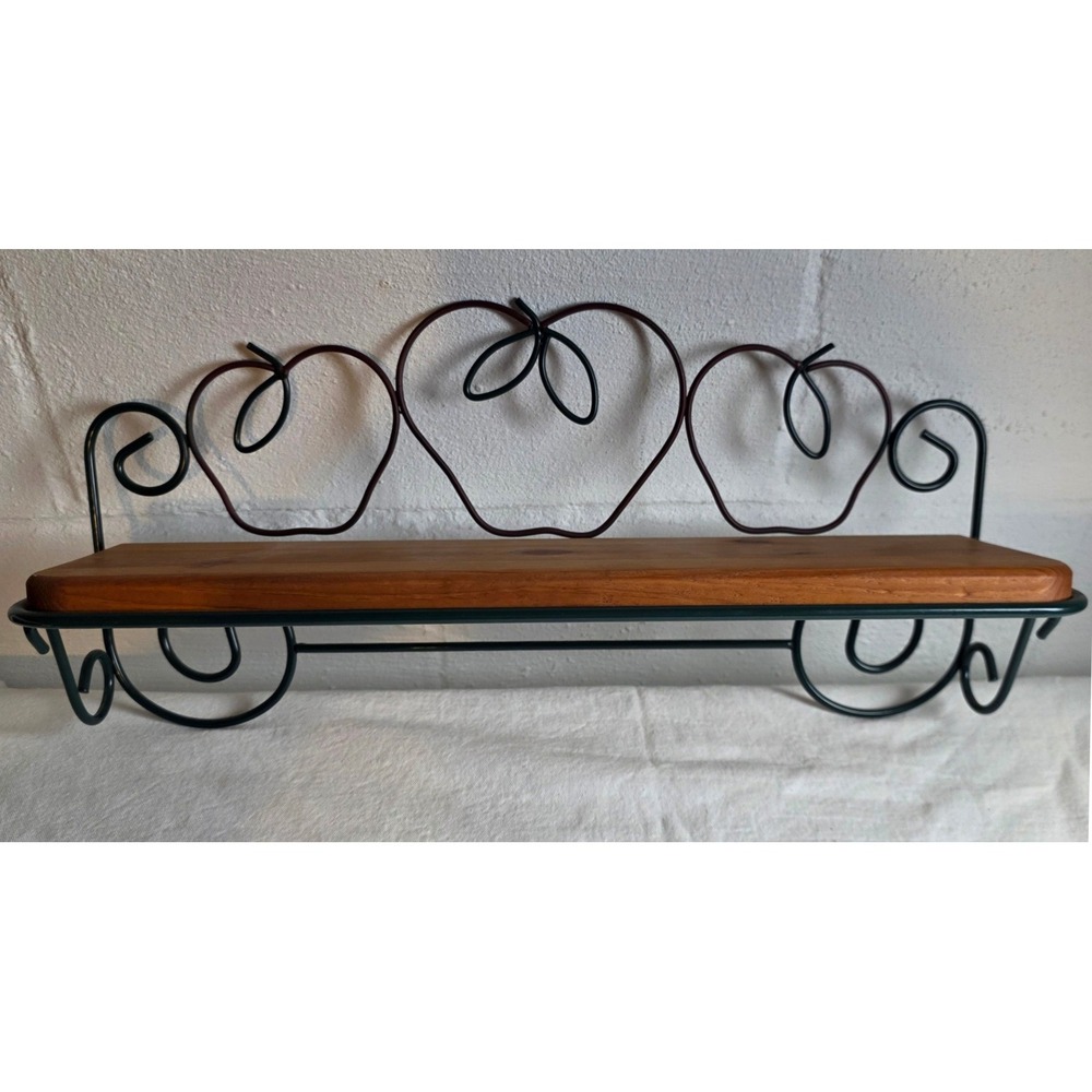 Vintage 90s Home Interiors Wood and Wrought Iron Apple Shelf Towel Bar Red Green
